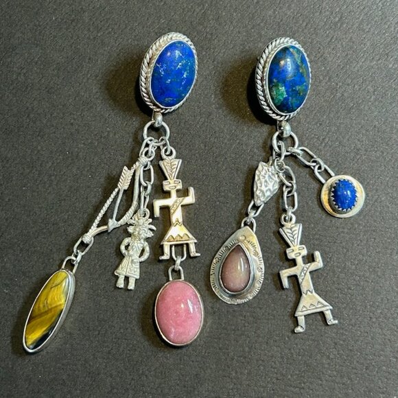 Native American sterling earrings w azurite/lapis/other stones - Picture 4 of 11